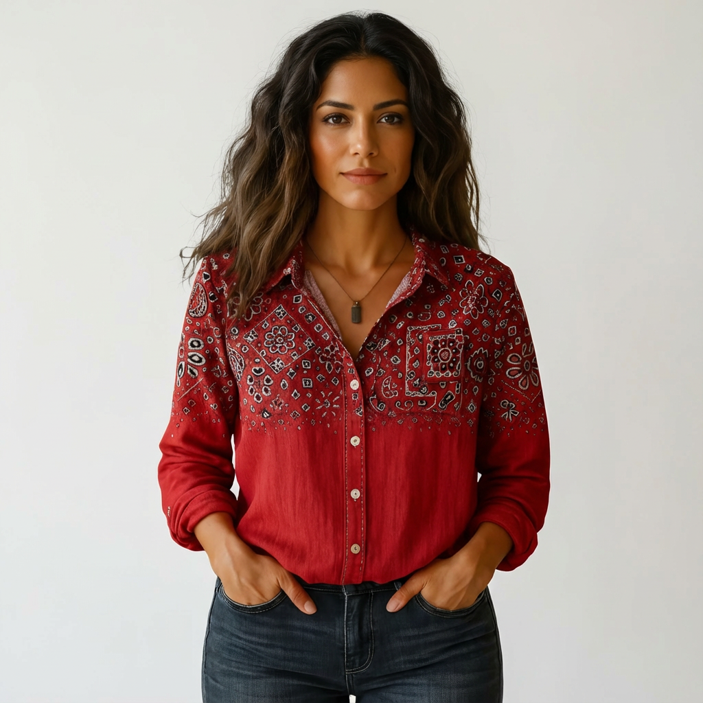 Bluză-cămașă de damă cu model, cu închidere cu nasturi și mâneci lungi – top lejer pentru purtare zilnică, la birou, în vacanță și pentru ținute casual