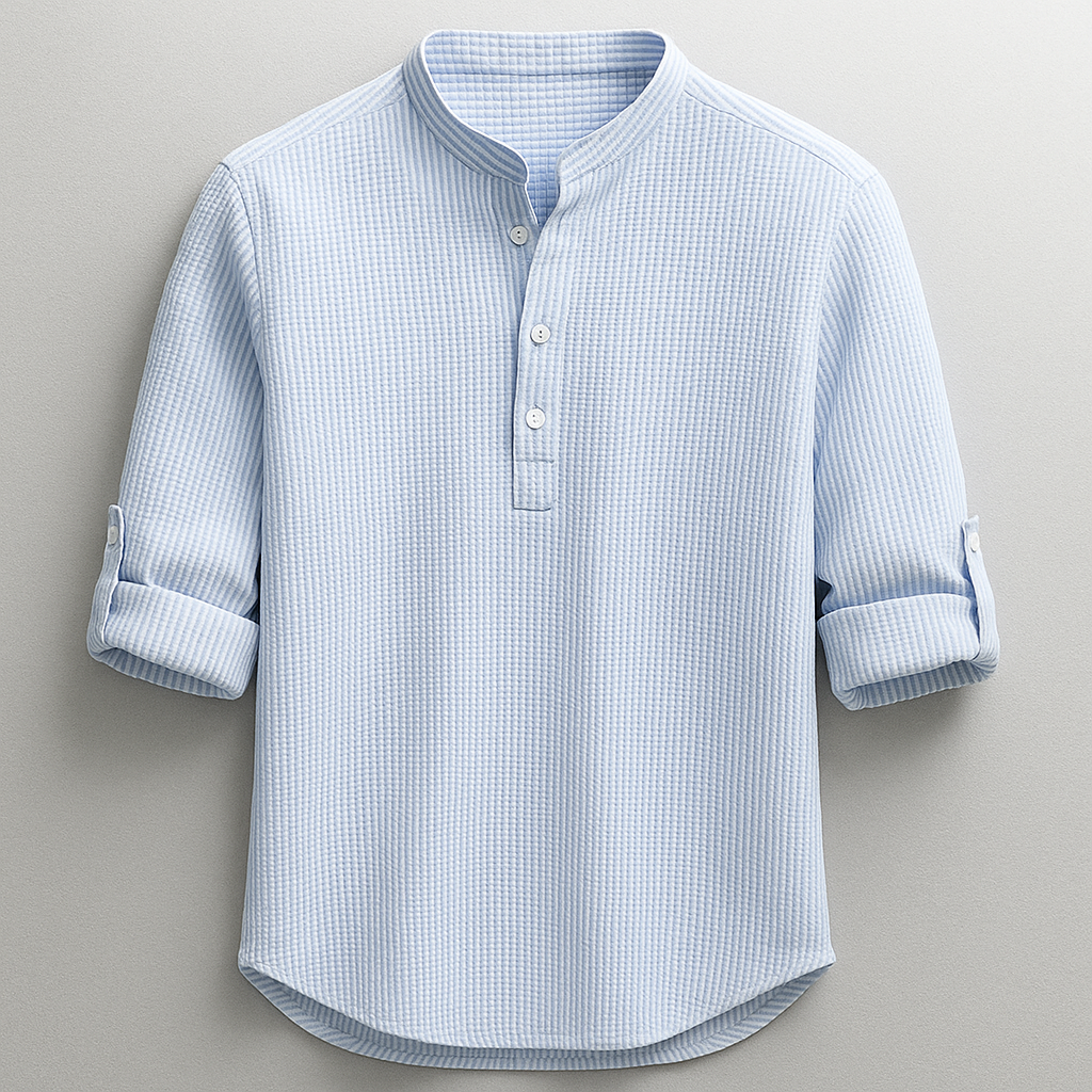 Herre Skjorte I Bomuld Med Grandad-krave Og Tekstureret Design – Skjorte Med Halv Knaplukning Og Oprullelige Ærmer Til Smart Casual Stil, Fritid Og Hverdagsbrug