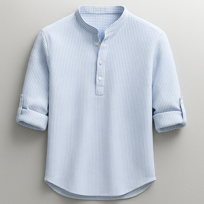 Herre Skjorte I Bomuld Med Grandad-krave Og Tekstureret Design – Skjorte Med Halv Knaplukning Og Oprullelige Ærmer Til Smart Casual Stil, Fritid Og Hverdagsbrug