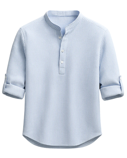 Herre Skjorte I Bomuld Med Grandad-krave Og Tekstureret Design – Skjorte Med Halv Knaplukning Og Oprullelige Ærmer Til Smart Casual Stil, Fritid Og Hverdagsbrug