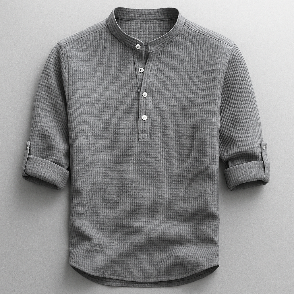 Herre Skjorte I Bomuld Med Grandad-krave Og Tekstureret Design – Skjorte Med Halv Knaplukning Og Oprullelige Ærmer Til Smart Casual Stil, Fritid Og Hverdagsbrug