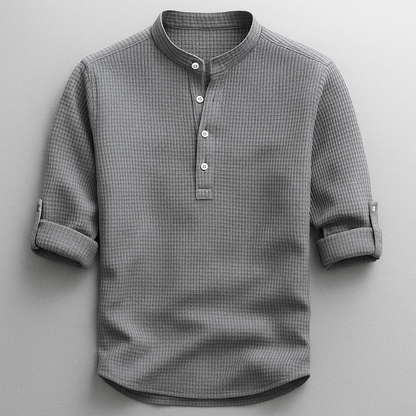 Herre Skjorte I Bomuld Med Grandad-krave Og Tekstureret Design – Skjorte Med Halv Knaplukning Og Oprullelige Ærmer Til Smart Casual Stil, Fritid Og Hverdagsbrug