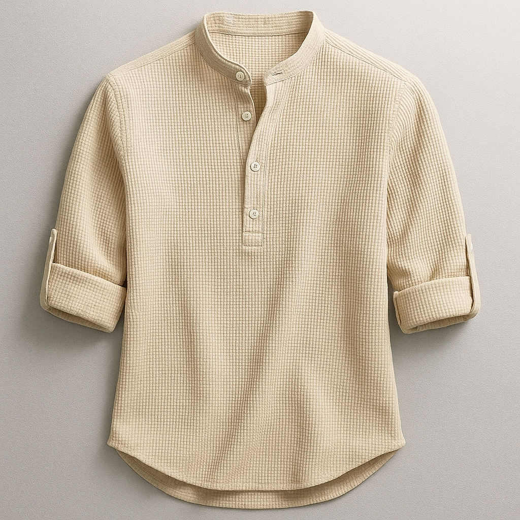 Herre Skjorte I Bomuld Med Grandad-krave Og Tekstureret Design – Skjorte Med Halv Knaplukning Og Oprullelige Ærmer Til Smart Casual Stil, Fritid Og Hverdagsbrug