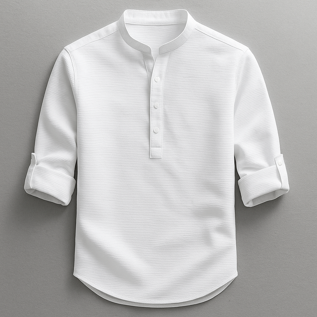 Herre Skjorte I Bomuld Med Grandad-krave Og Tekstureret Design – Skjorte Med Halv Knaplukning Og Oprullelige Ærmer Til Smart Casual Stil, Fritid Og Hverdagsbrug