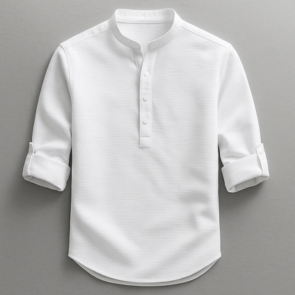 Herre Skjorte I Bomuld Med Grandad-krave Og Tekstureret Design – Skjorte Med Halv Knaplukning Og Oprullelige Ærmer Til Smart Casual Stil, Fritid Og Hverdagsbrug
