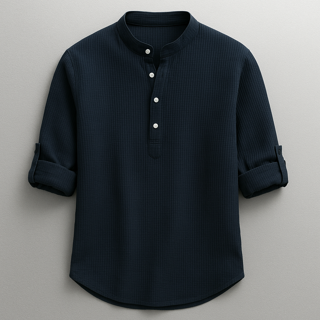 Herre Skjorte I Bomuld Med Grandad-krave Og Tekstureret Design – Skjorte Med Halv Knaplukning Og Oprullelige Ærmer Til Smart Casual Stil, Fritid Og Hverdagsbrug