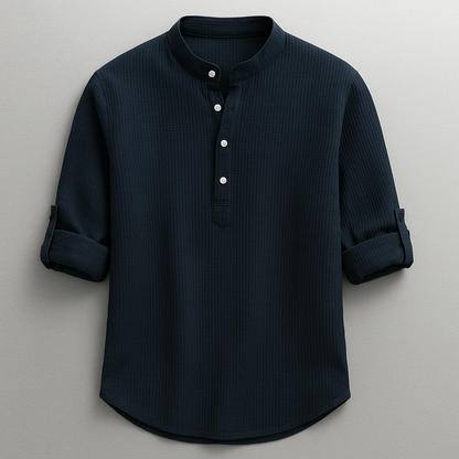 Herre Skjorte I Bomuld Med Grandad-krave Og Tekstureret Design – Skjorte Med Halv Knaplukning Og Oprullelige Ærmer Til Smart Casual Stil, Fritid Og Hverdagsbrug