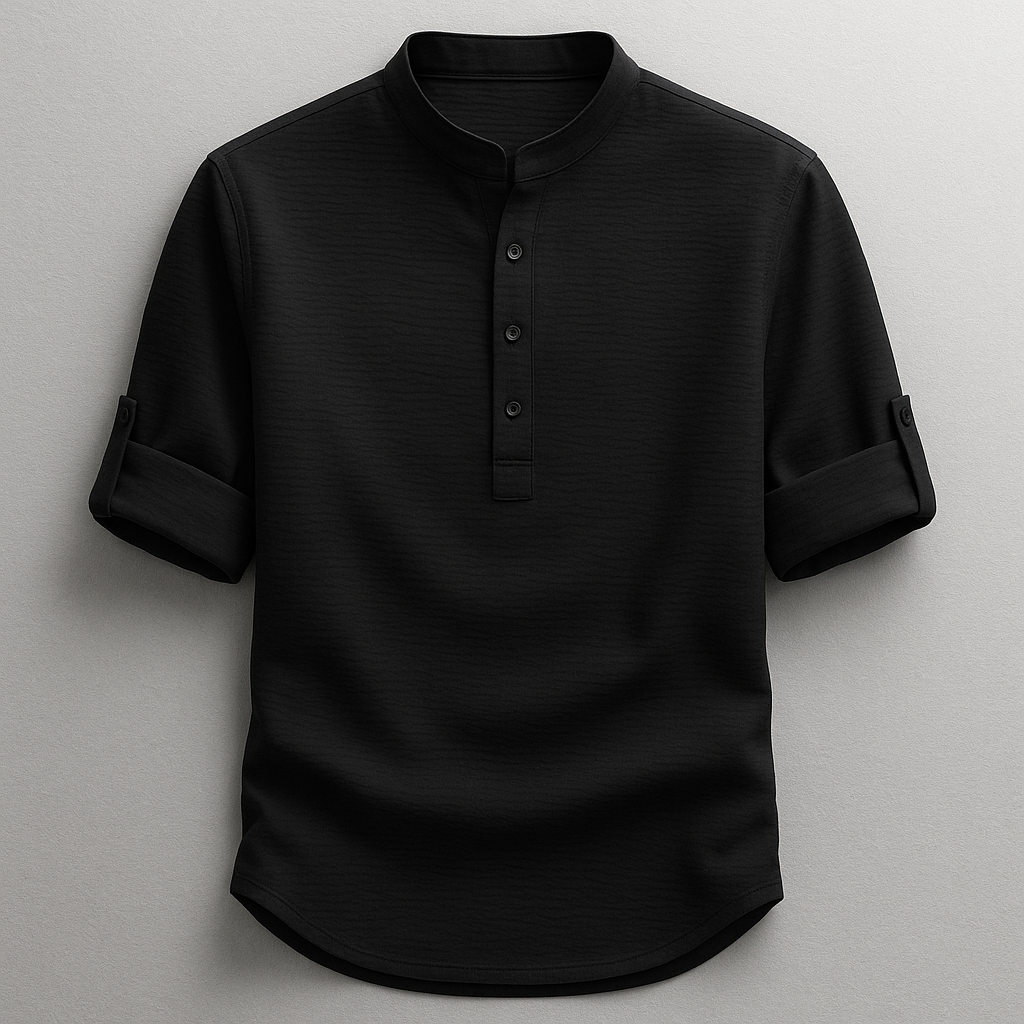 Herre Skjorte I Bomuld Med Grandad-krave Og Tekstureret Design – Skjorte Med Halv Knaplukning Og Oprullelige Ærmer Til Smart Casual Stil, Fritid Og Hverdagsbrug