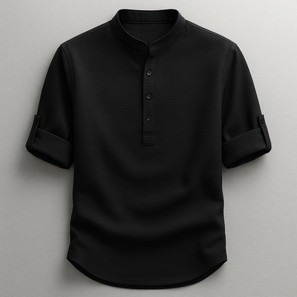 Herre Skjorte I Bomuld Med Grandad-krave Og Tekstureret Design – Skjorte Med Halv Knaplukning Og Oprullelige Ærmer Til Smart Casual Stil, Fritid Og Hverdagsbrug