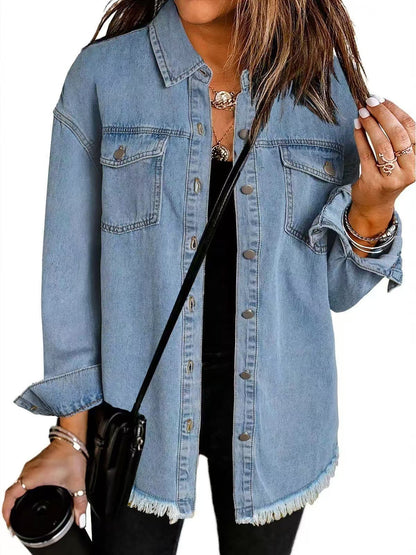 Women's oversized denim jacket with button closure and chest pockets - long style with raw hem for casual everyday wear and modern streetwear