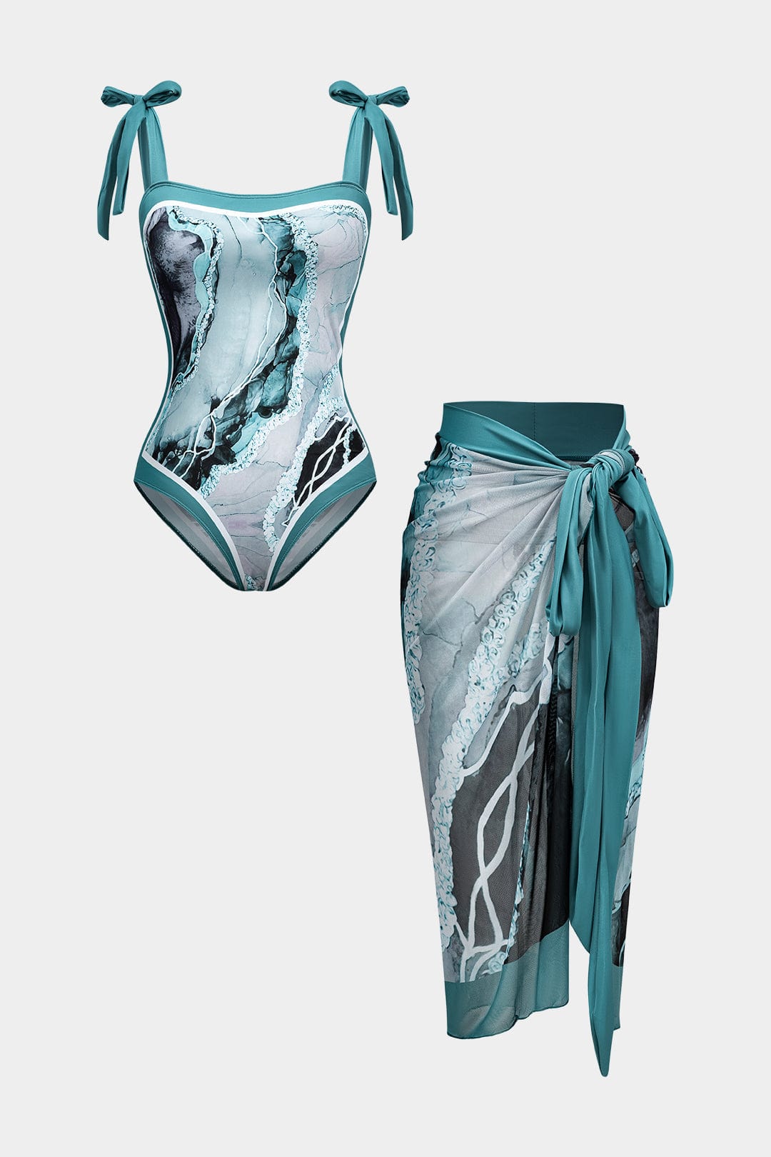 Set de costume de baie pentru femei, cu efect marmorat și pareo petrecut – ținută elegantă de plajă pentru vacanță, piscină, plajă și zile de vară
