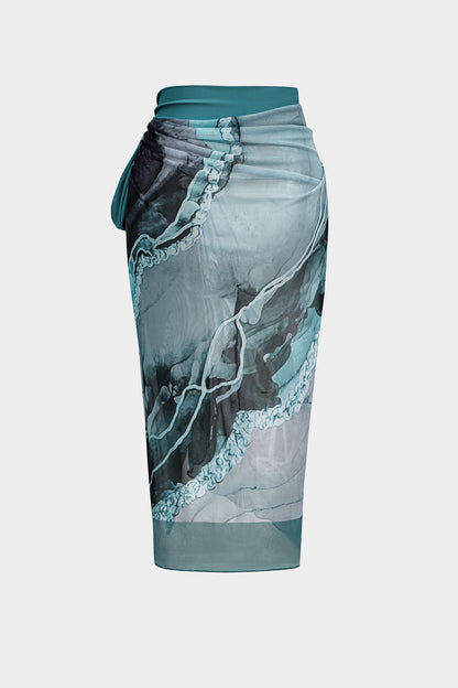 Set de costume de baie pentru femei, cu efect marmorat și pareo petrecut – ținută elegantă de plajă pentru vacanță, piscină, plajă și zile de vară