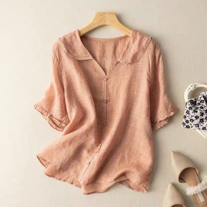 Women's Button-Front Blouse – Casual Peter Pan Collar Top for Summer Wear