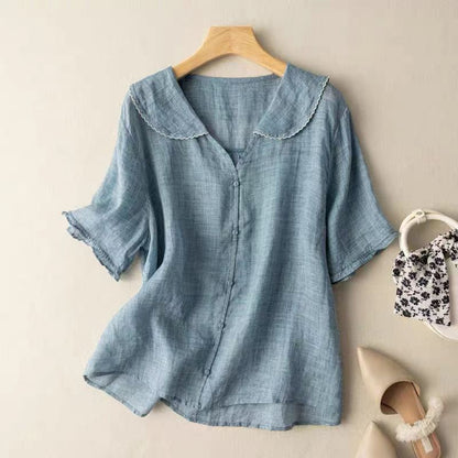 Women's Button-Front Blouse – Casual Peter Pan Collar Top for Summer Wear