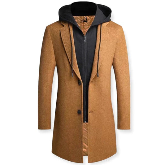Abrigo largo por capas con capucha para hombre, corte entallado y cierre de botones - abrigo largo con inserto de cremallera para otoño, el día a día y un estilo smart casual