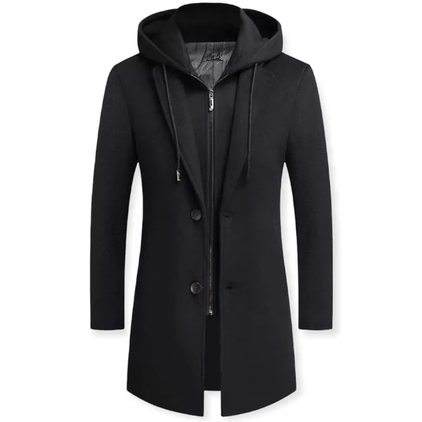 Abrigo largo por capas con capucha para hombre, corte entallado y cierre de botones - abrigo largo con inserto de cremallera para otoño, el día a día y un estilo smart casual