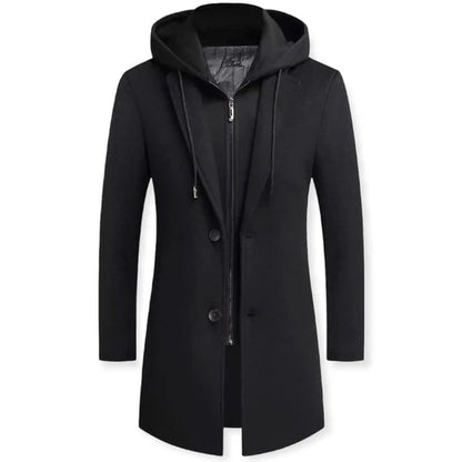 Abrigo largo por capas con capucha para hombre, corte entallado y cierre de botones - abrigo largo con inserto de cremallera para otoño, el día a día y un estilo smart casual