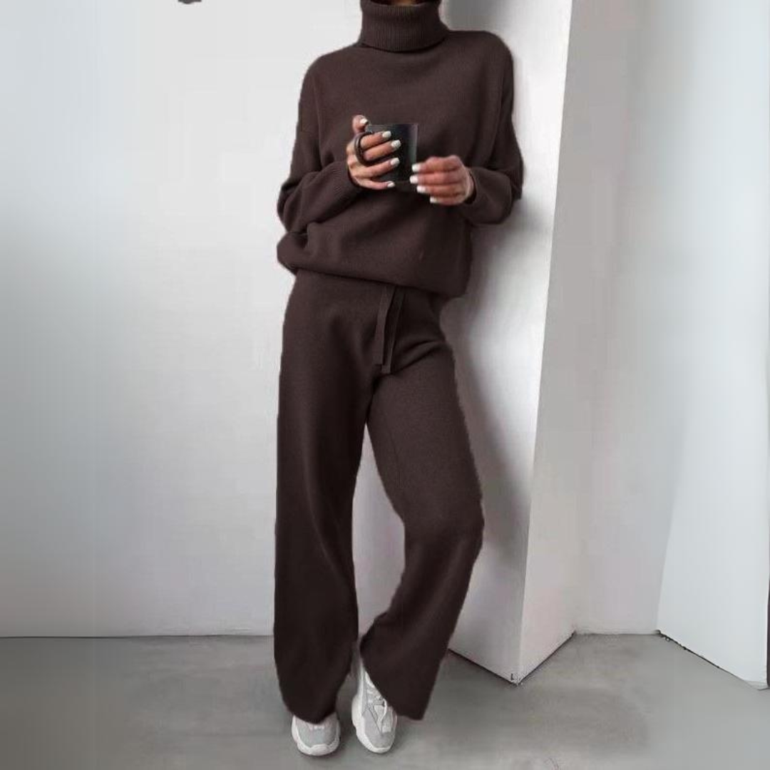 Set lejer de damă din tricot cu guler înalt, cu pulover moale și pantaloni cu croială largă și șnur – set călduros din 2 piese pentru toamnă, iarnă și purtare zilnică