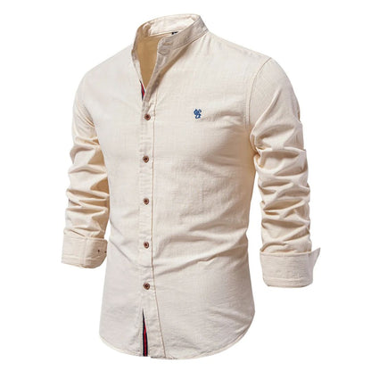 Męska koszula ze stójką mandaryńską i zapięciem na guziki – koszula slim fit na co dzień, do biura, na czas wolny i do eleganckiego stylu casual