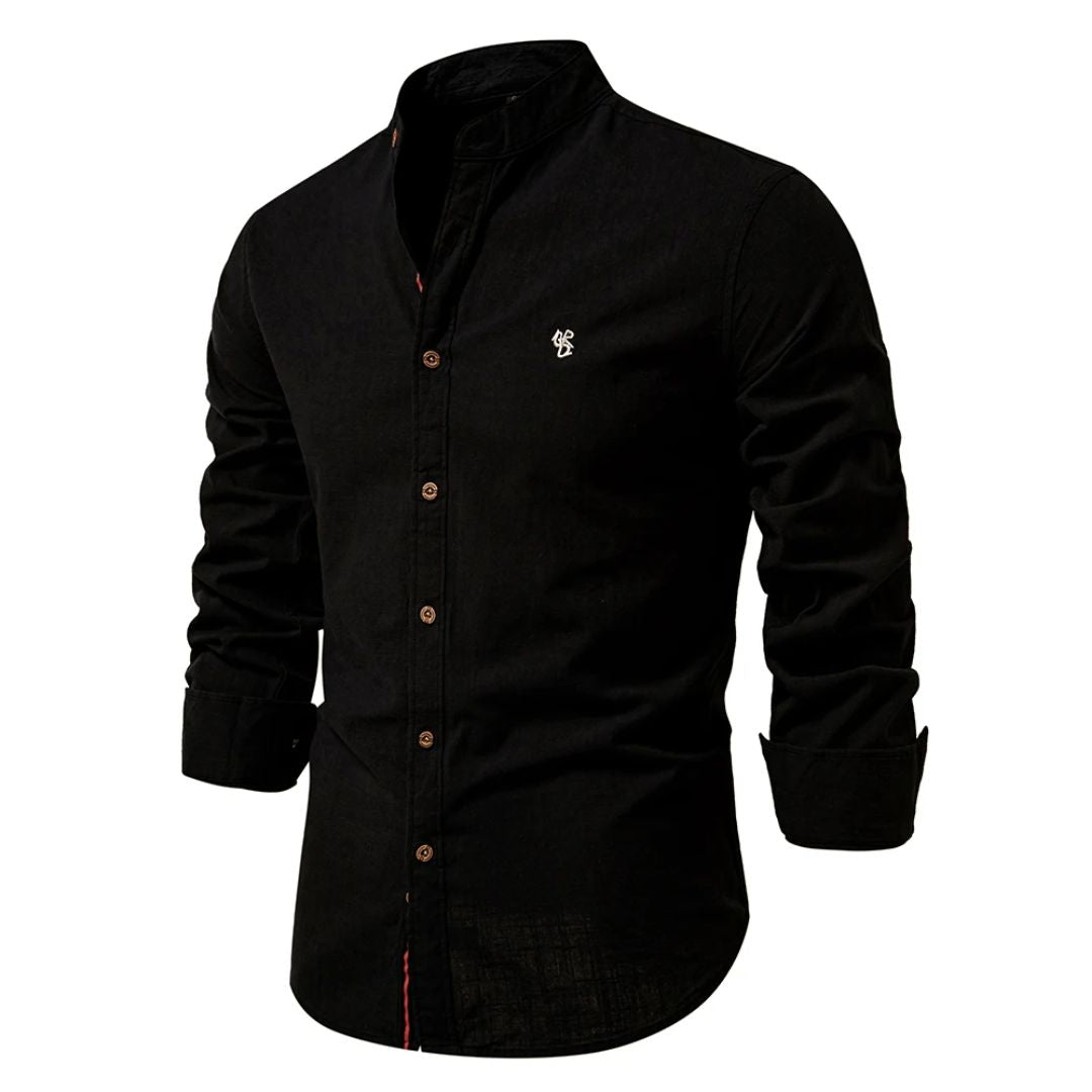 Męska koszula ze stójką mandaryńską i zapięciem na guziki – koszula slim fit na co dzień, do biura, na czas wolny i do eleganckiego stylu casual