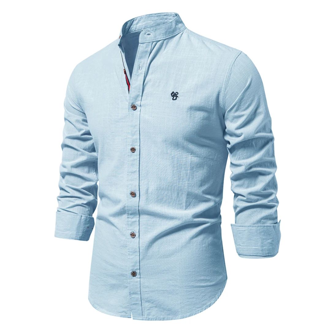 Męska koszula ze stójką mandaryńską i zapięciem na guziki – koszula slim fit na co dzień, do biura, na czas wolny i do eleganckiego stylu casual