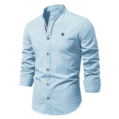 Męska koszula ze stójką mandaryńską i zapięciem na guziki – koszula slim fit na co dzień, do biura, na czas wolny i do eleganckiego stylu casual
