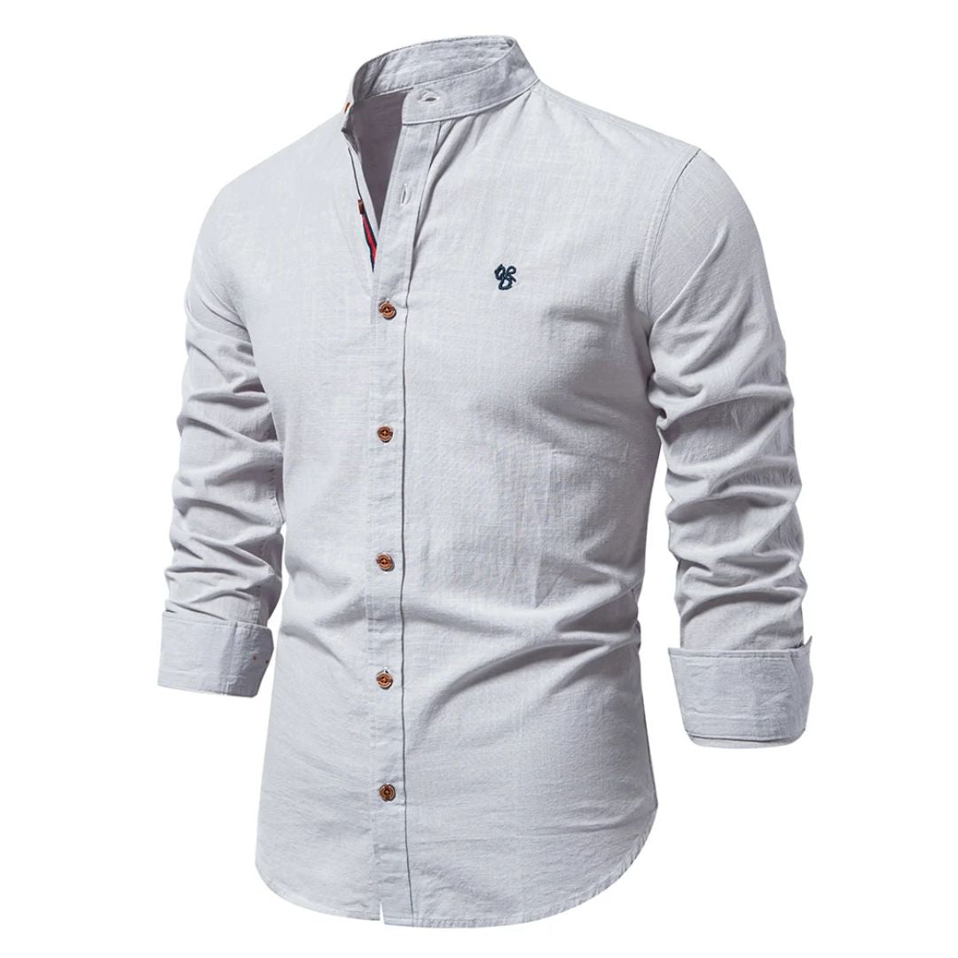 Męska koszula ze stójką mandaryńską i zapięciem na guziki – koszula slim fit na co dzień, do biura, na czas wolny i do eleganckiego stylu casual