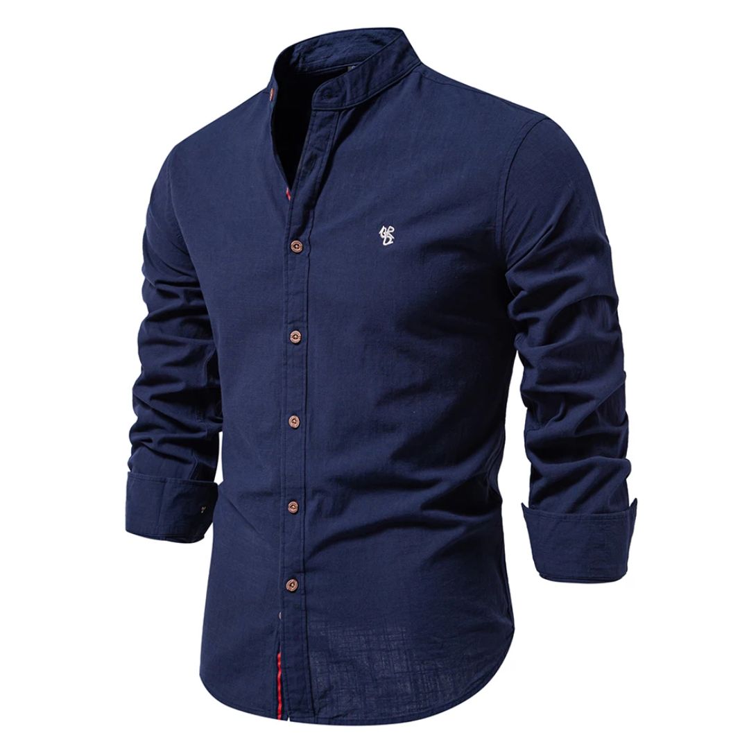 Męska koszula ze stójką mandaryńską i zapięciem na guziki – koszula slim fit na co dzień, do biura, na czas wolny i do eleganckiego stylu casual