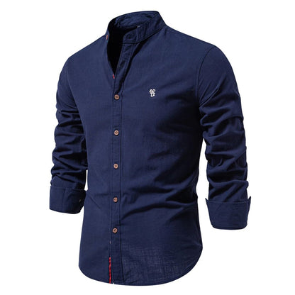 Męska koszula ze stójką mandaryńską i zapięciem na guziki – koszula slim fit na co dzień, do biura, na czas wolny i do eleganckiego stylu casual