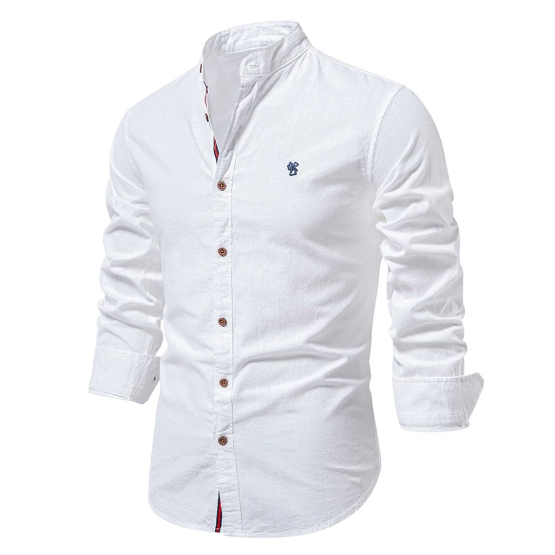 Męska koszula ze stójką mandaryńską i zapięciem na guziki – koszula slim fit na co dzień, do biura, na czas wolny i do eleganckiego stylu casual