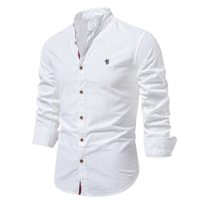 Męska koszula ze stójką mandaryńską i zapięciem na guziki – koszula slim fit na co dzień, do biura, na czas wolny i do eleganckiego stylu casual