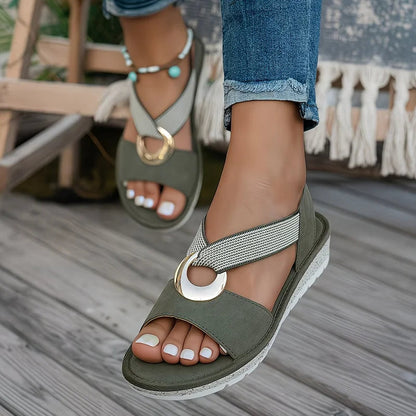 Dame Sandaler Med Halvmåneformet Ringdetalje Og Krydsrem – Stilfulde Slides Til Sommer, Ferie, Strand Og Hverdagsbrug