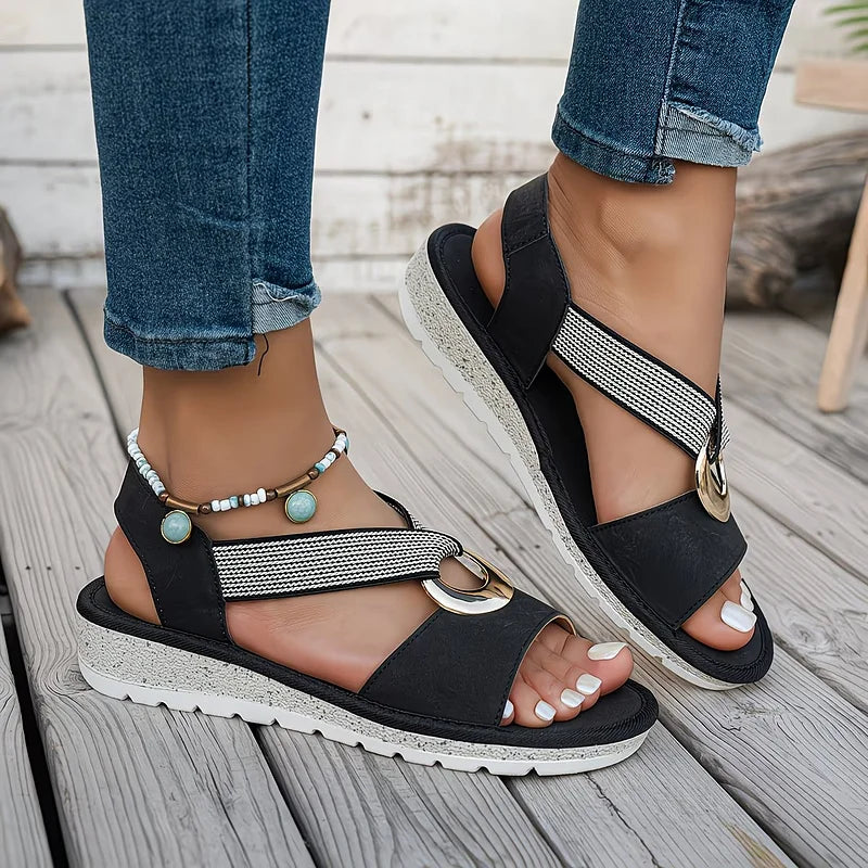 Dame Sandaler Med Halvmåneformet Ringdetalje Og Krydsrem – Stilfulde Slides Til Sommer, Ferie, Strand Og Hverdagsbrug