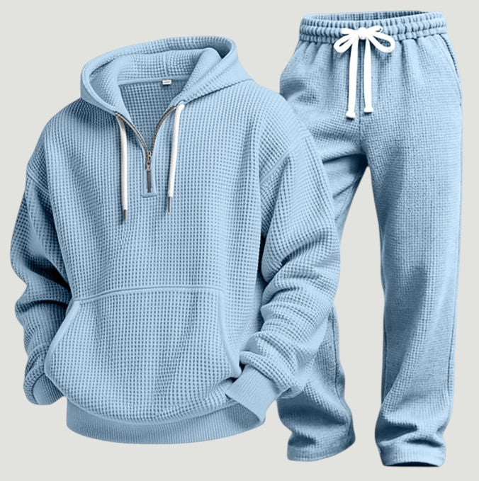 Herre Åndbart Loungewear-sæt I Vaffelstrik – Half-Zip Hoodie Og Joggingbukser Til Rejser Og Hjemmebrug
