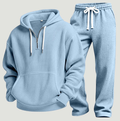 Herre Åndbart Loungewear-sæt I Vaffelstrik – Half-Zip Hoodie Og Joggingbukser Til Rejser Og Hjemmebrug