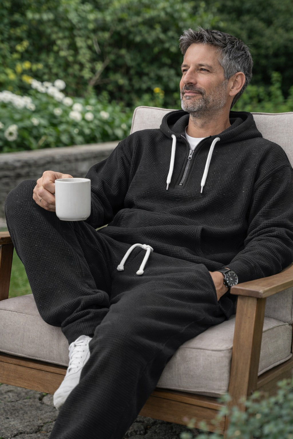 Herre Åndbart Loungewear-sæt I Vaffelstrik – Half-Zip Hoodie Og Joggingbukser Til Rejser Og Hjemmebrug