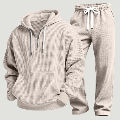 Herre Åndbart Loungewear-sæt I Vaffelstrik – Half-Zip Hoodie Og Joggingbukser Til Rejser Og Hjemmebrug