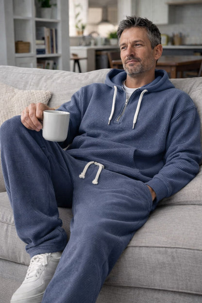 Herre Åndbart Loungewear-sæt I Vaffelstrik – Half-Zip Hoodie Og Joggingbukser Til Rejser Og Hjemmebrug