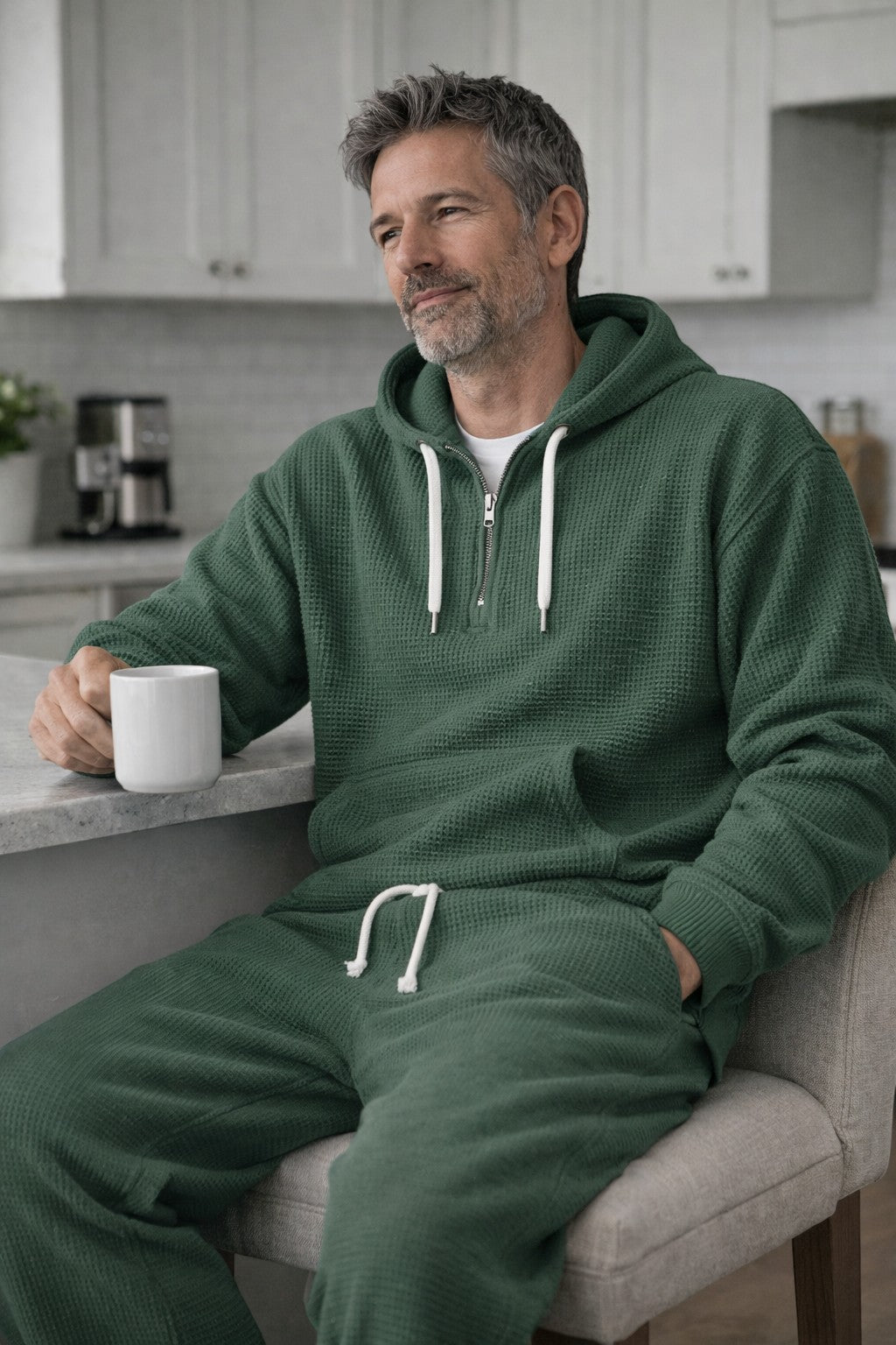 Herre Åndbart Loungewear-sæt I Vaffelstrik – Half-Zip Hoodie Og Joggingbukser Til Rejser Og Hjemmebrug