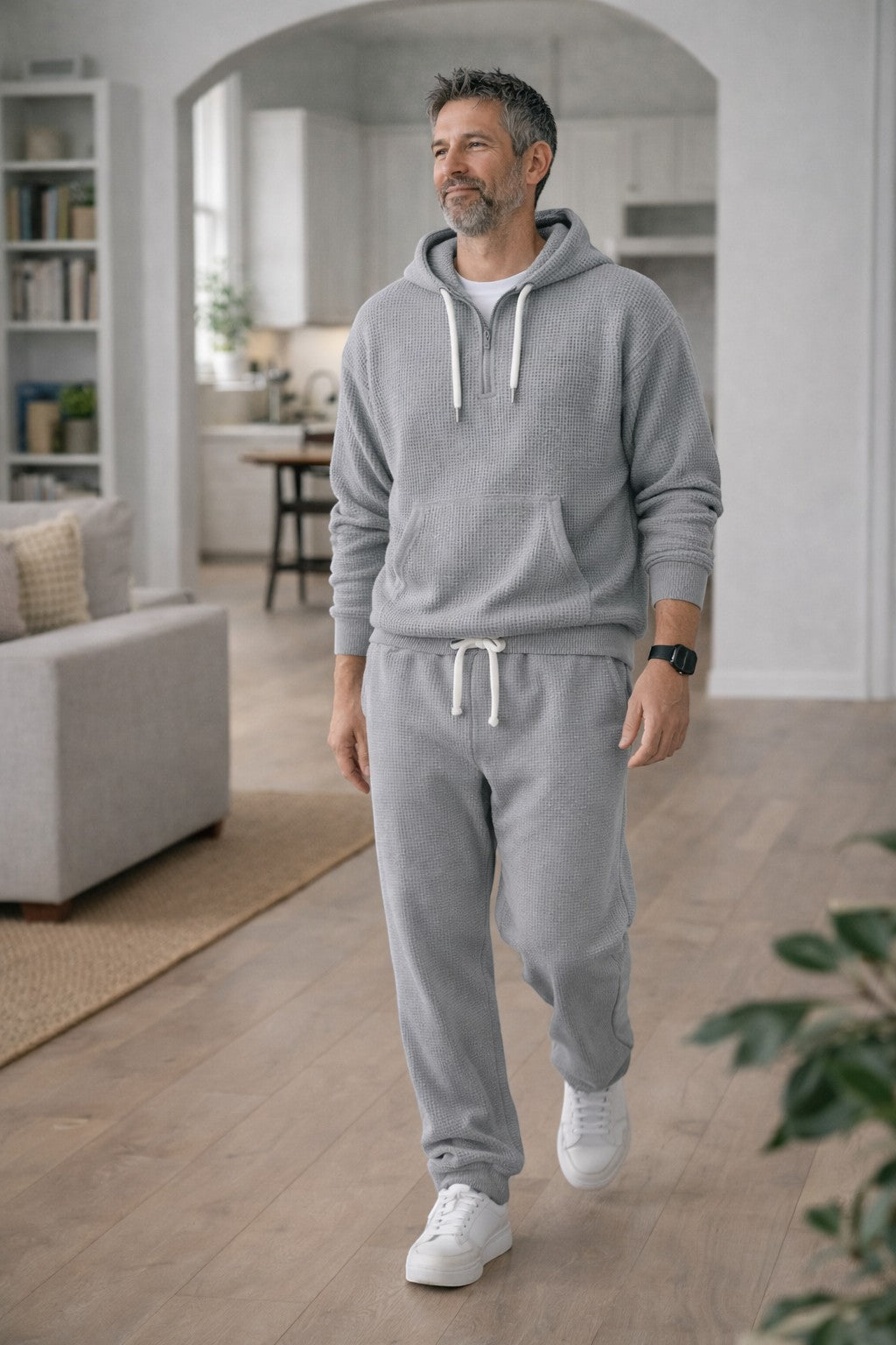 Herre Åndbart Loungewear-sæt I Vaffelstrik – Half-Zip Hoodie Og Joggingbukser Til Rejser Og Hjemmebrug