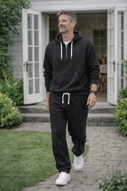 Herre Åndbart Loungewear-sæt I Vaffelstrik – Half-Zip Hoodie Og Joggingbukser Til Rejser Og Hjemmebrug