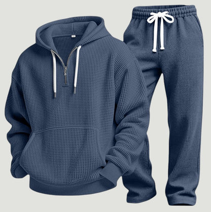 Herre Åndbart Loungewear-sæt I Vaffelstrik – Half-Zip Hoodie Og Joggingbukser Til Rejser Og Hjemmebrug