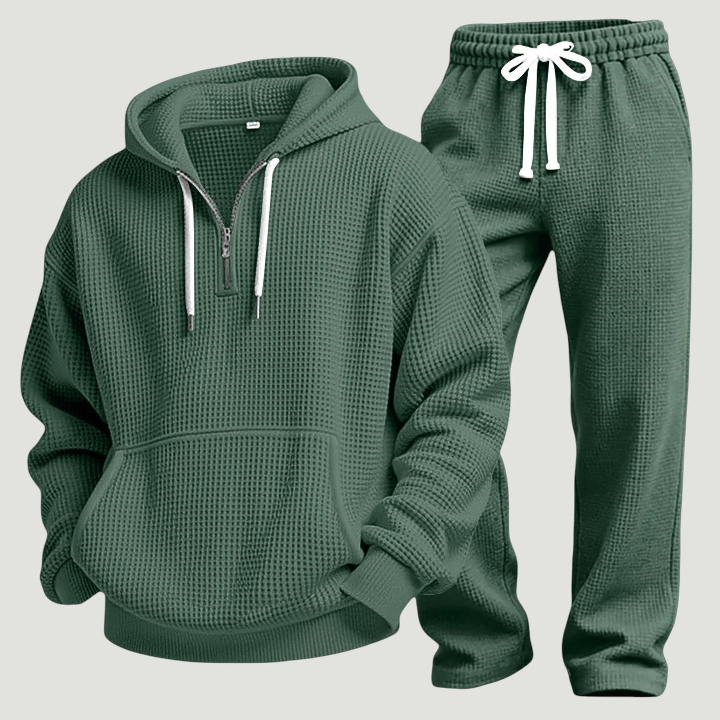 Herre Åndbart Loungewear-sæt I Vaffelstrik – Half-Zip Hoodie Og Joggingbukser Til Rejser Og Hjemmebrug