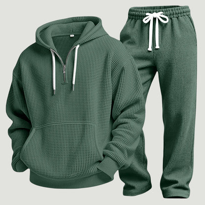 Herre Åndbart Loungewear-sæt I Vaffelstrik – Half-Zip Hoodie Og Joggingbukser Til Rejser Og Hjemmebrug
