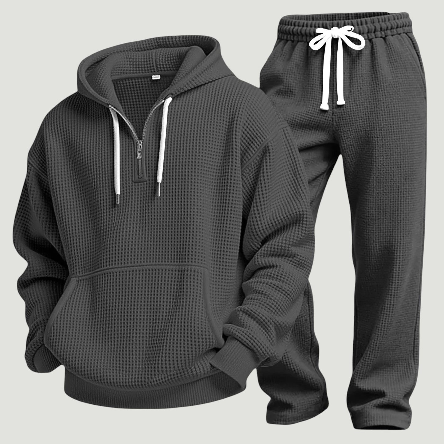 Herre Åndbart Loungewear-sæt I Vaffelstrik – Half-Zip Hoodie Og Joggingbukser Til Rejser Og Hjemmebrug