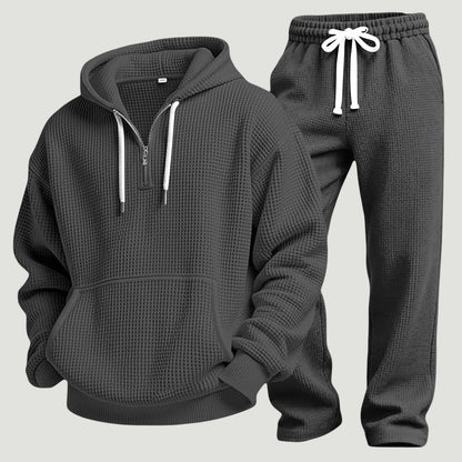 Herre Åndbart Loungewear-sæt I Vaffelstrik – Half-Zip Hoodie Og Joggingbukser Til Rejser Og Hjemmebrug