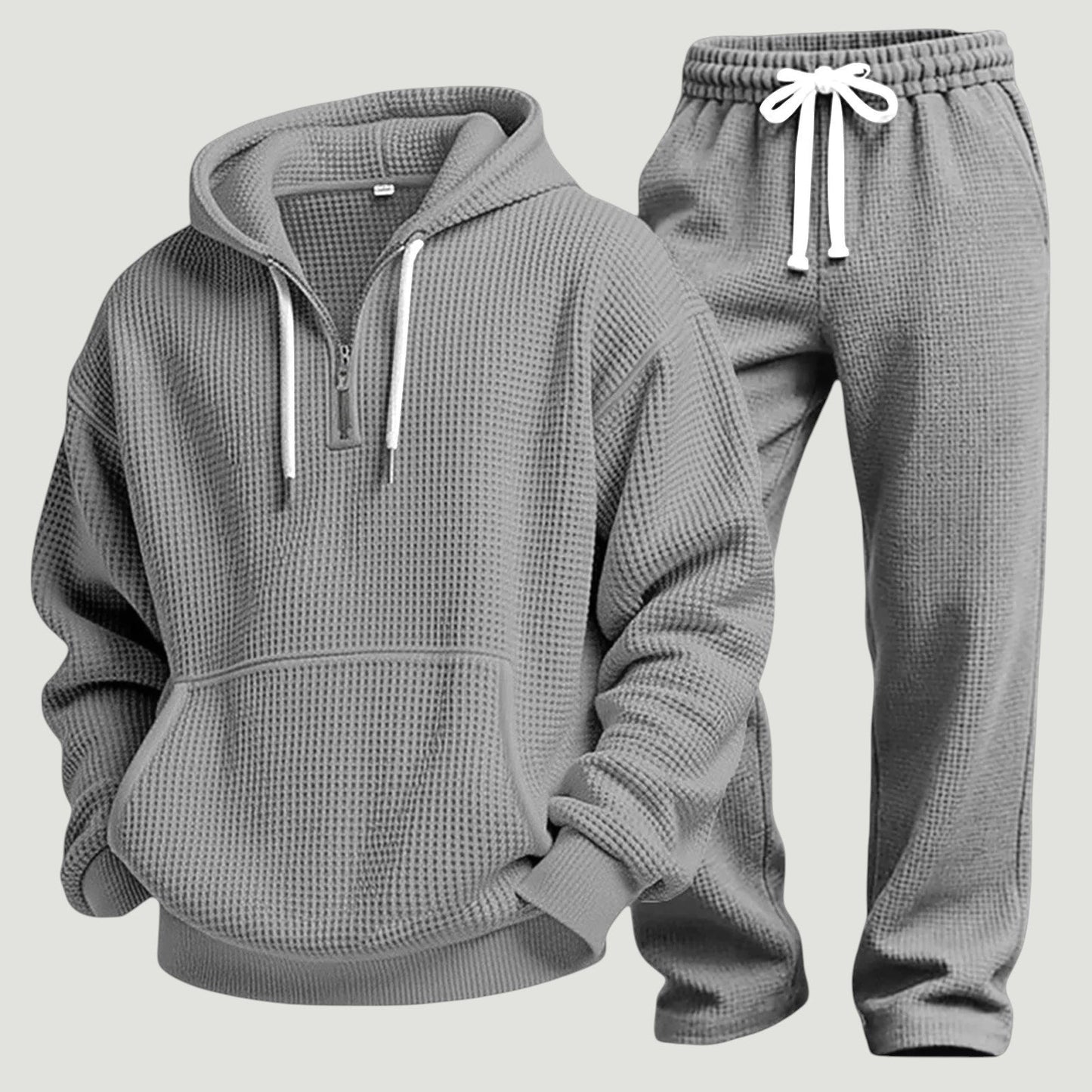 Herre Åndbart Loungewear-sæt I Vaffelstrik – Half-Zip Hoodie Og Joggingbukser Til Rejser Og Hjemmebrug