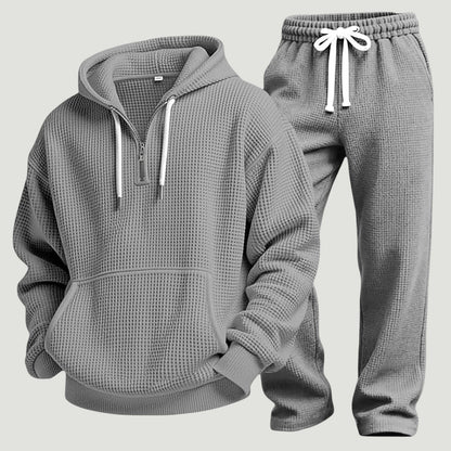 Herre Åndbart Loungewear-sæt I Vaffelstrik – Half-Zip Hoodie Og Joggingbukser Til Rejser Og Hjemmebrug