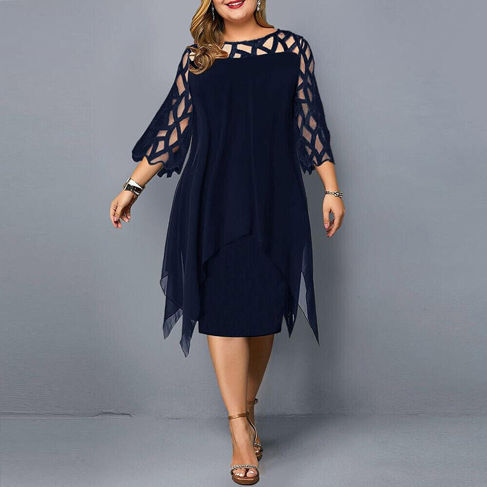 Women's plus-size midi dress with layered design – elegant party dress for celebrations, weddings, and special occasions