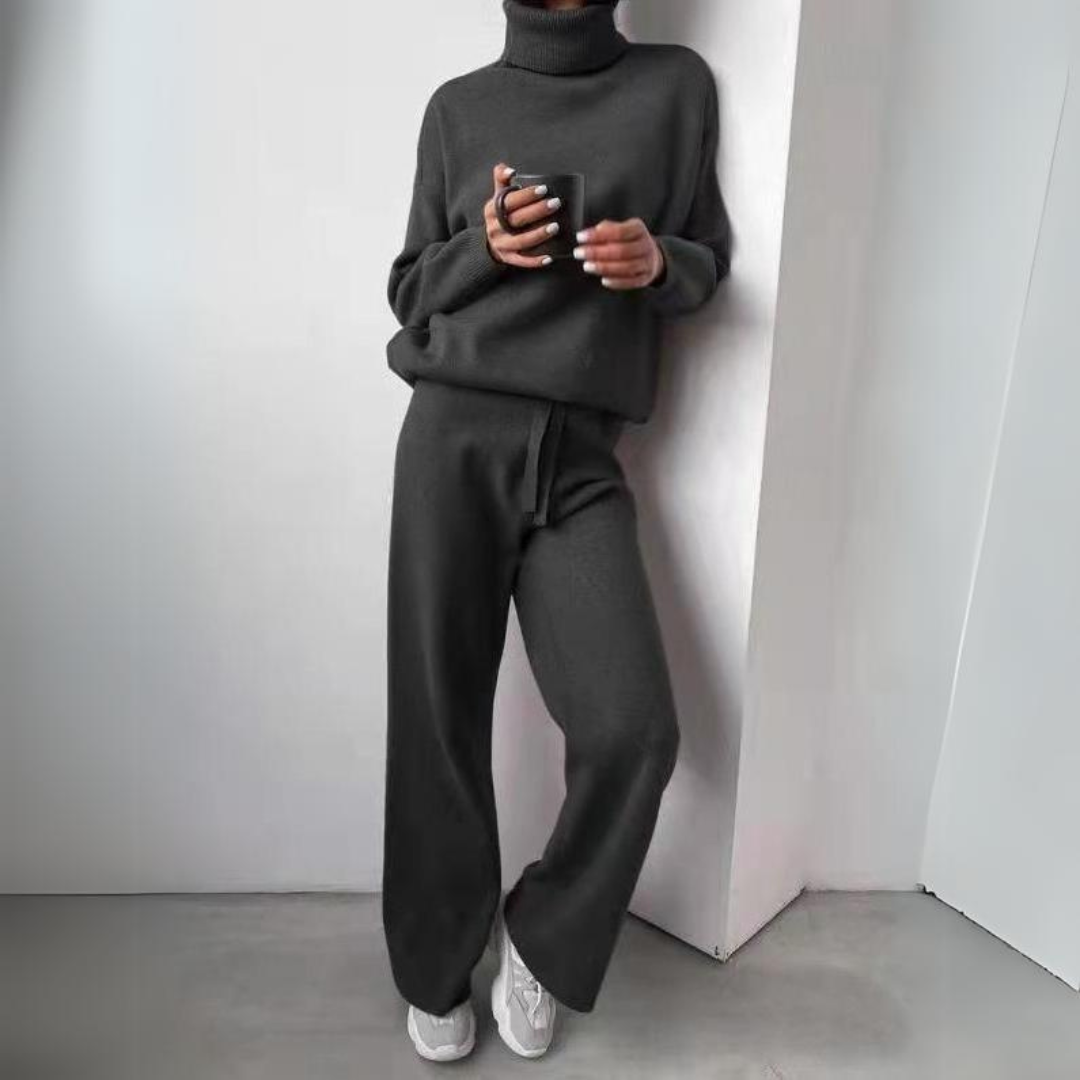 Set lejer de damă din tricot cu guler înalt, cu pulover moale și pantaloni cu croială largă și șnur – set călduros din 2 piese pentru toamnă, iarnă și purtare zilnică